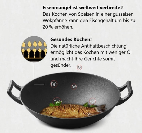 Edle Gusseisen Wokpfanne | Gusseisen Wok geeignet für den Ofen, alle Herdarten, Grills und offenes Feuer | Durchmesser 34cm