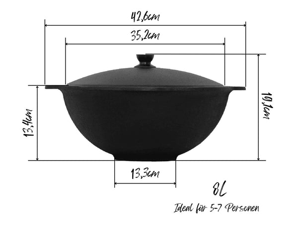Gusseisen Kazan (flacher Boden) mit Aluminiumdeckel und Edelstahl Schaumlöffel | in verschiedenen Größen