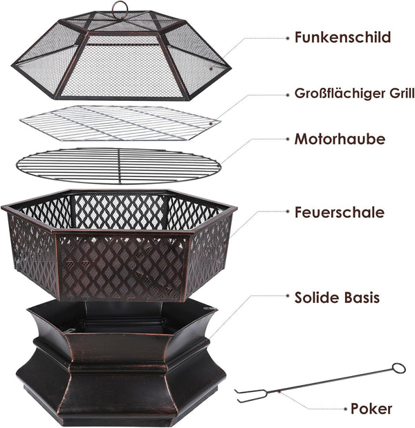 3-in-1 Feuerschale – Die perfekte Feuerstelle aus Metall mit Grillfunktion für Garten und Terrasse | 66cm x 63cm