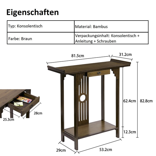 edler Konsolentisch mit Schublade und Design im chinesischen Stil | 81,5 x 83 x 31 cm