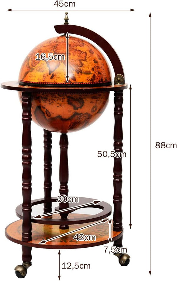 Hochwertige Globusbar aus Eukalyptusholz | Barwagen mit Weltkugel und Cocktailbar mit Bodenplatte | Braun